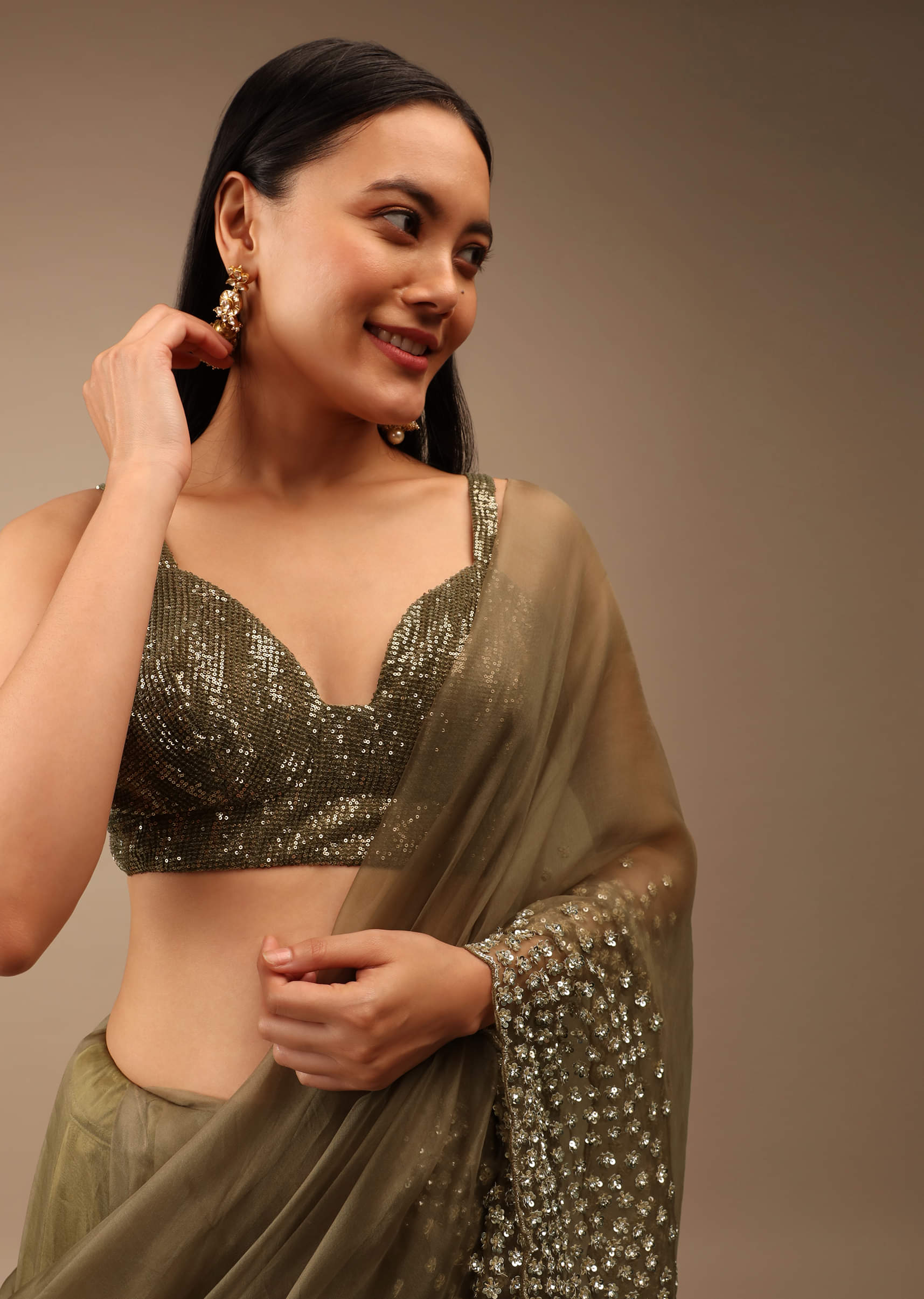 Buy Antique Green Blouse In Crush Embellished With Sequins