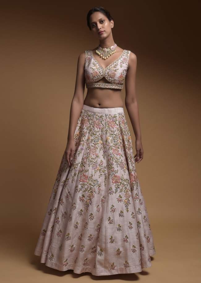 Baby Pink Lehenga Choli In Raw Silk With Hand Embroidered Resham Flowers 