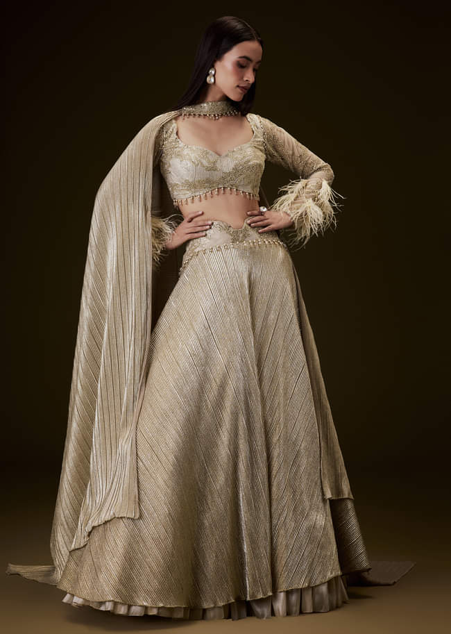 Beige Gold Crush Fabric Lehenga With Feather Sleeve Blouse