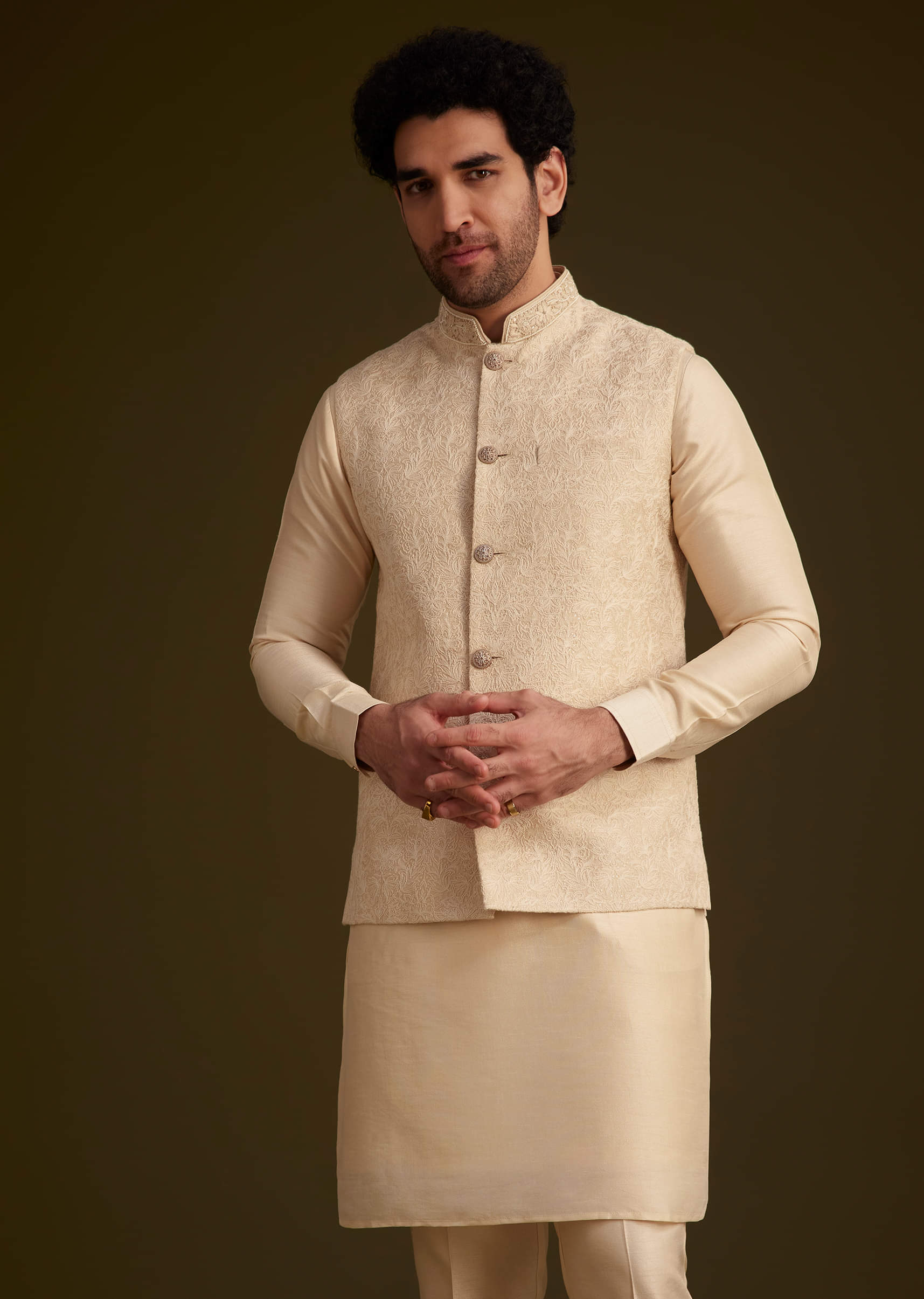 Buy Beige Jacquard Nehru Jacket Set