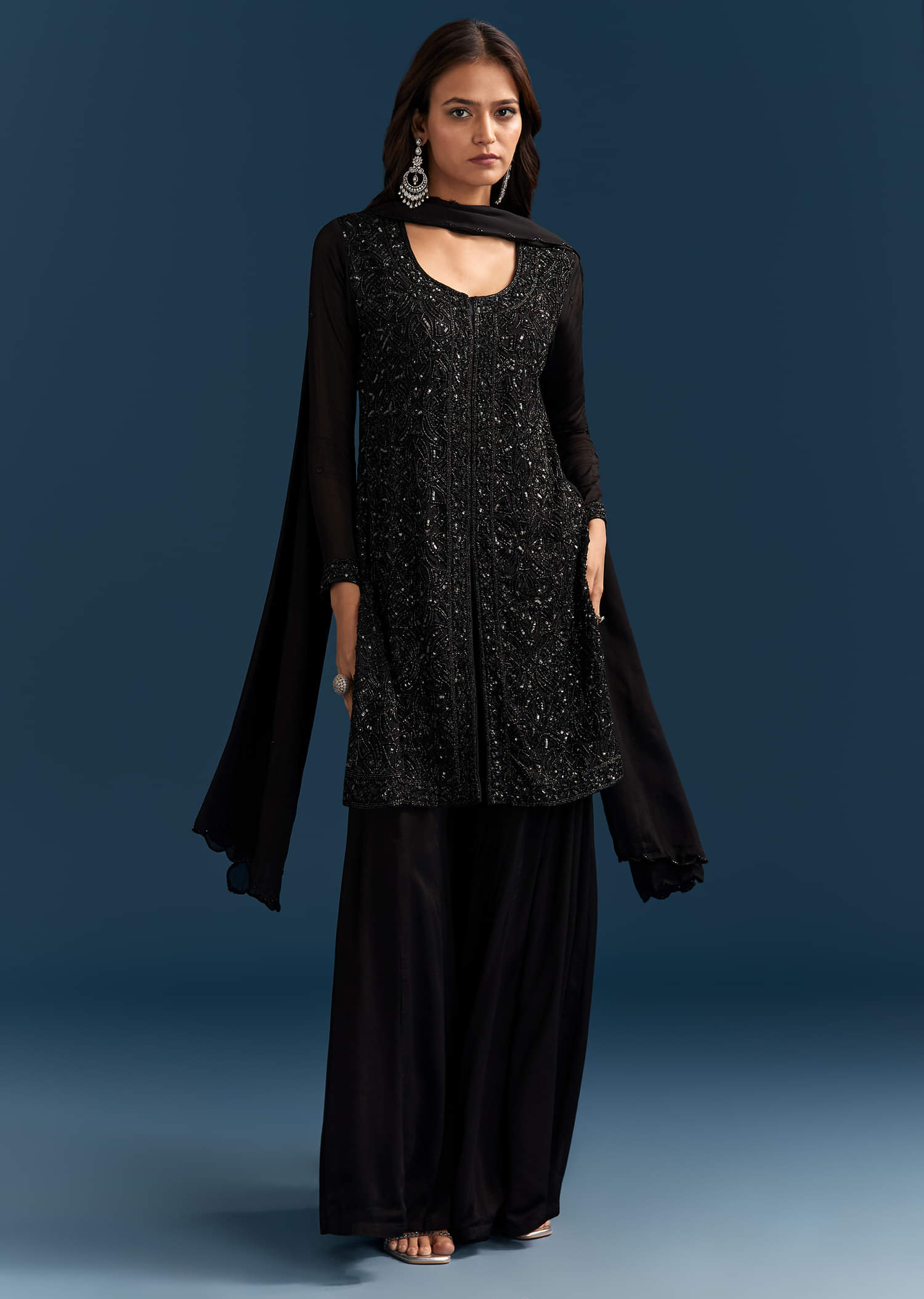 Black Chinon Palazzo Suit With Cut Dana And Sequins Work