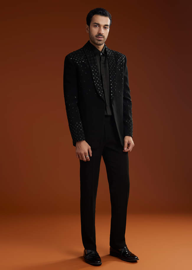 Black Cotton Satin Suit Set With Hand Embroidery
