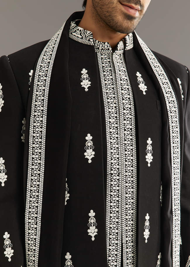 Black Indo Western Set With Embroidery On Japanese Fabric