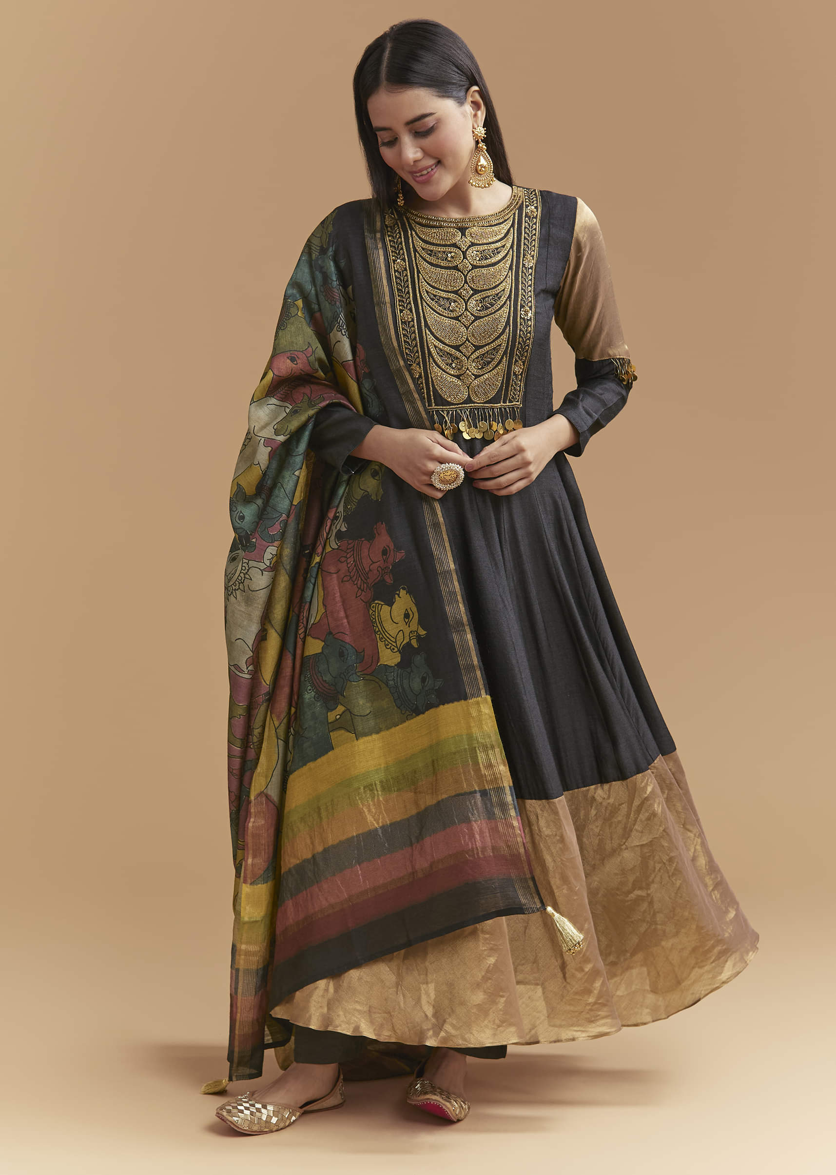 Black Tussar Anarkali Suit With Zardosi And Sequins Hand Embroidery