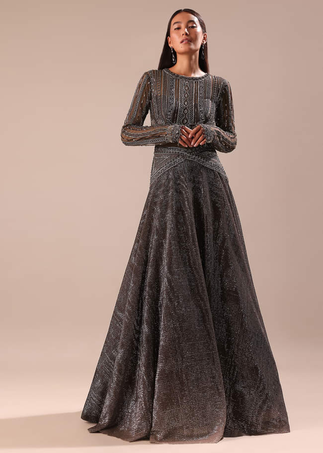 Black Ombre Embroidered Net Gown