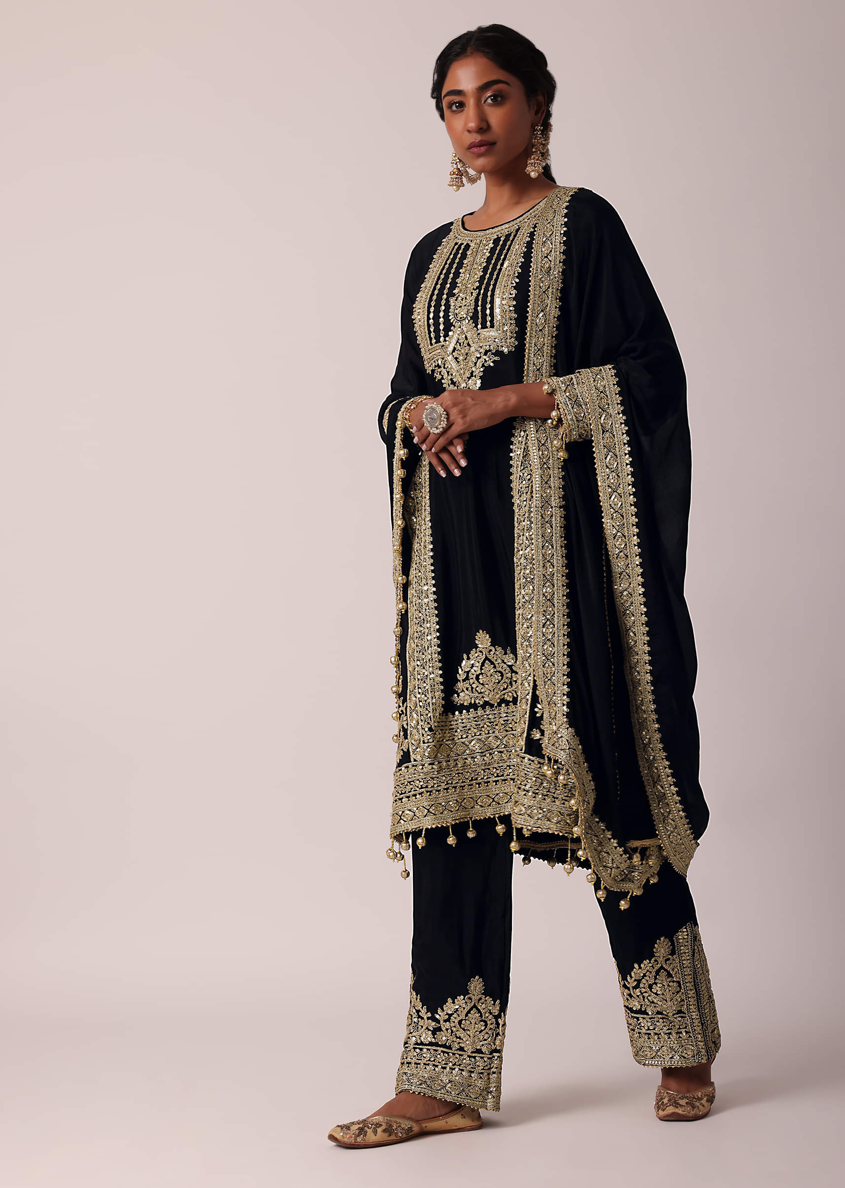 Black Pant Set In Chiffon With Zardozi Work Kurta