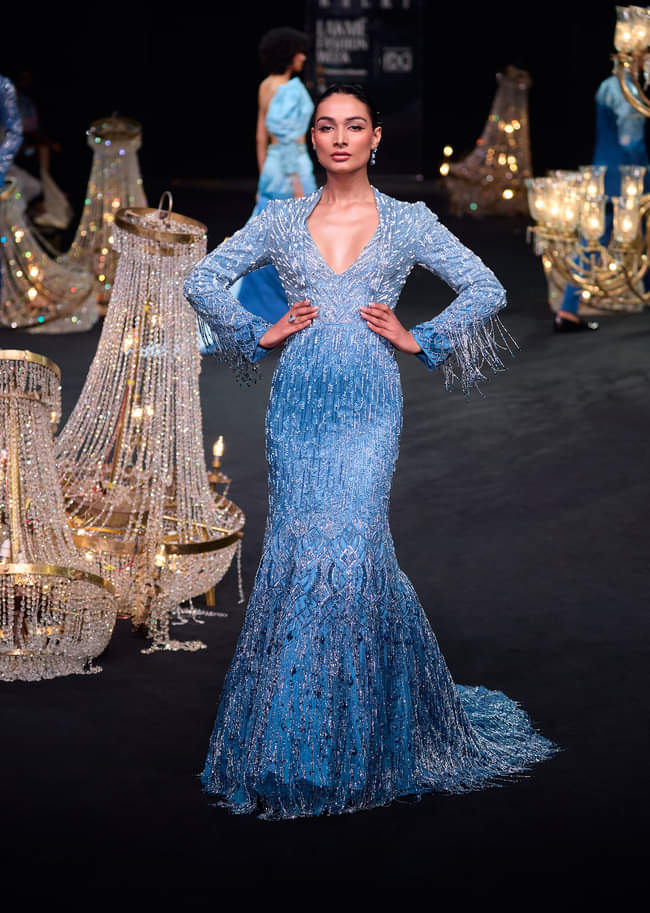 Blue Fish Cut Ombre Trail Embroidered Gown 
