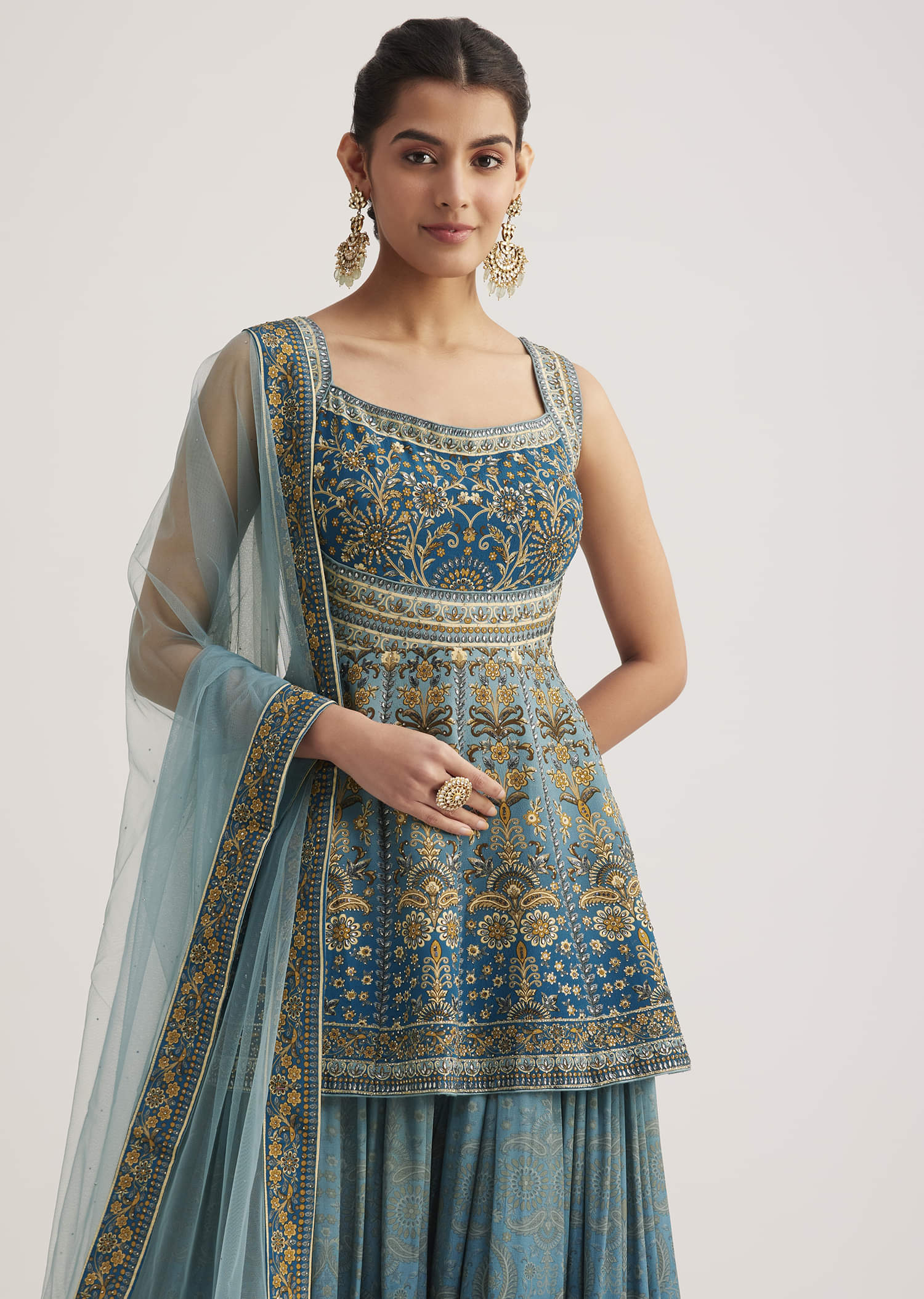 Blue Ombre Crepe Kurta Palazzo Set With Embellished Net Dupatta