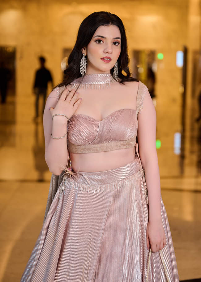 Blush Pink Pre-Pleated Frill Lehenga With TieUp Blouse And Choker Dupatta