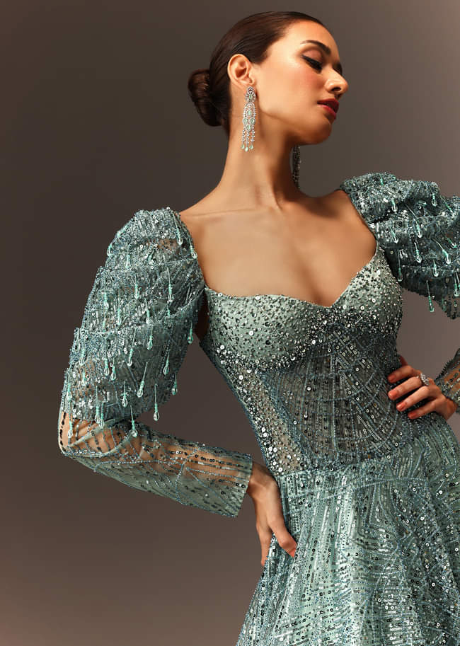 Blusih Grey Sequins Gown With Corset Blouse And Symmetrical Sleeves