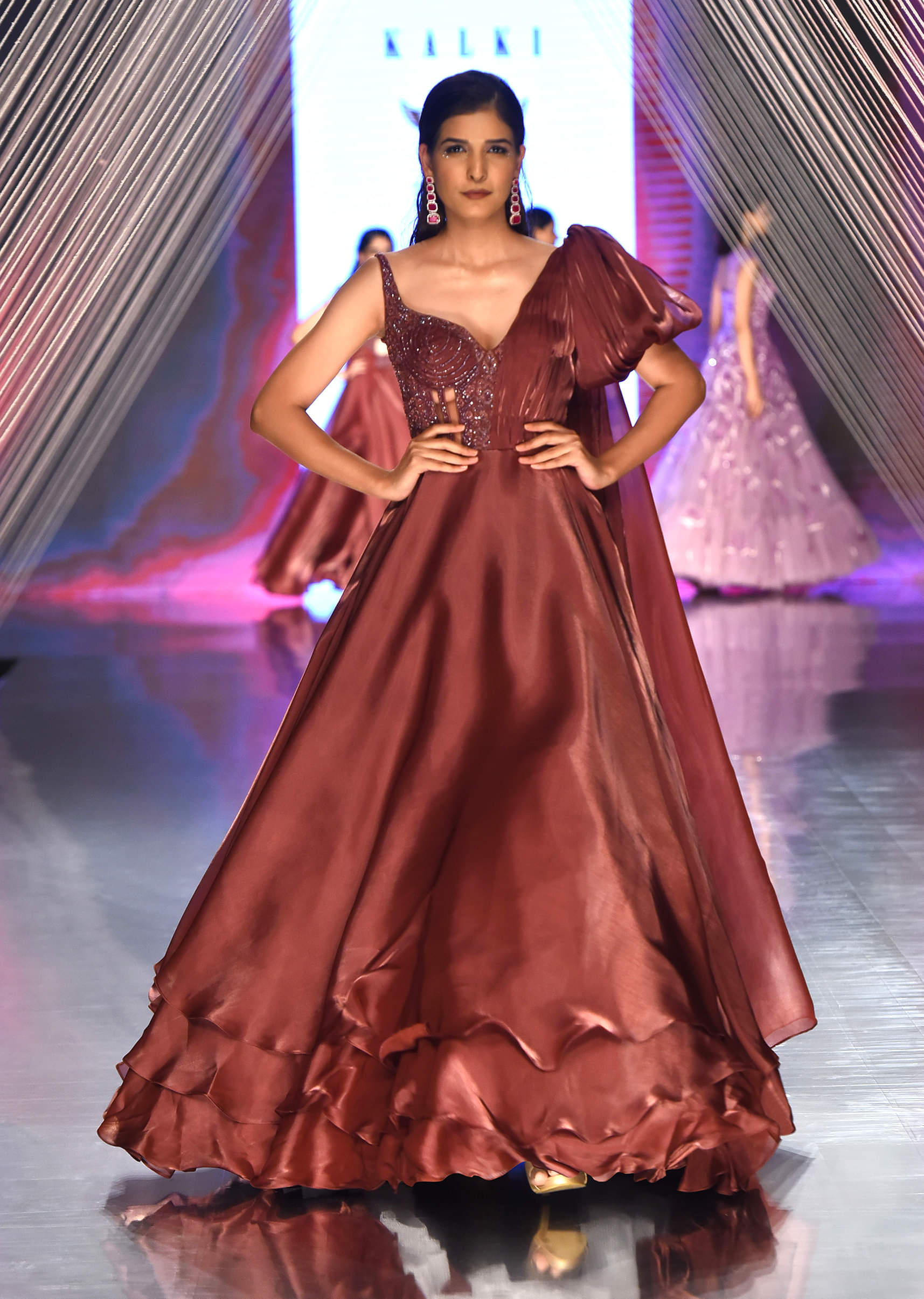 Buy Brown Organza Gown In Sleeveless With Sequins Embroidery