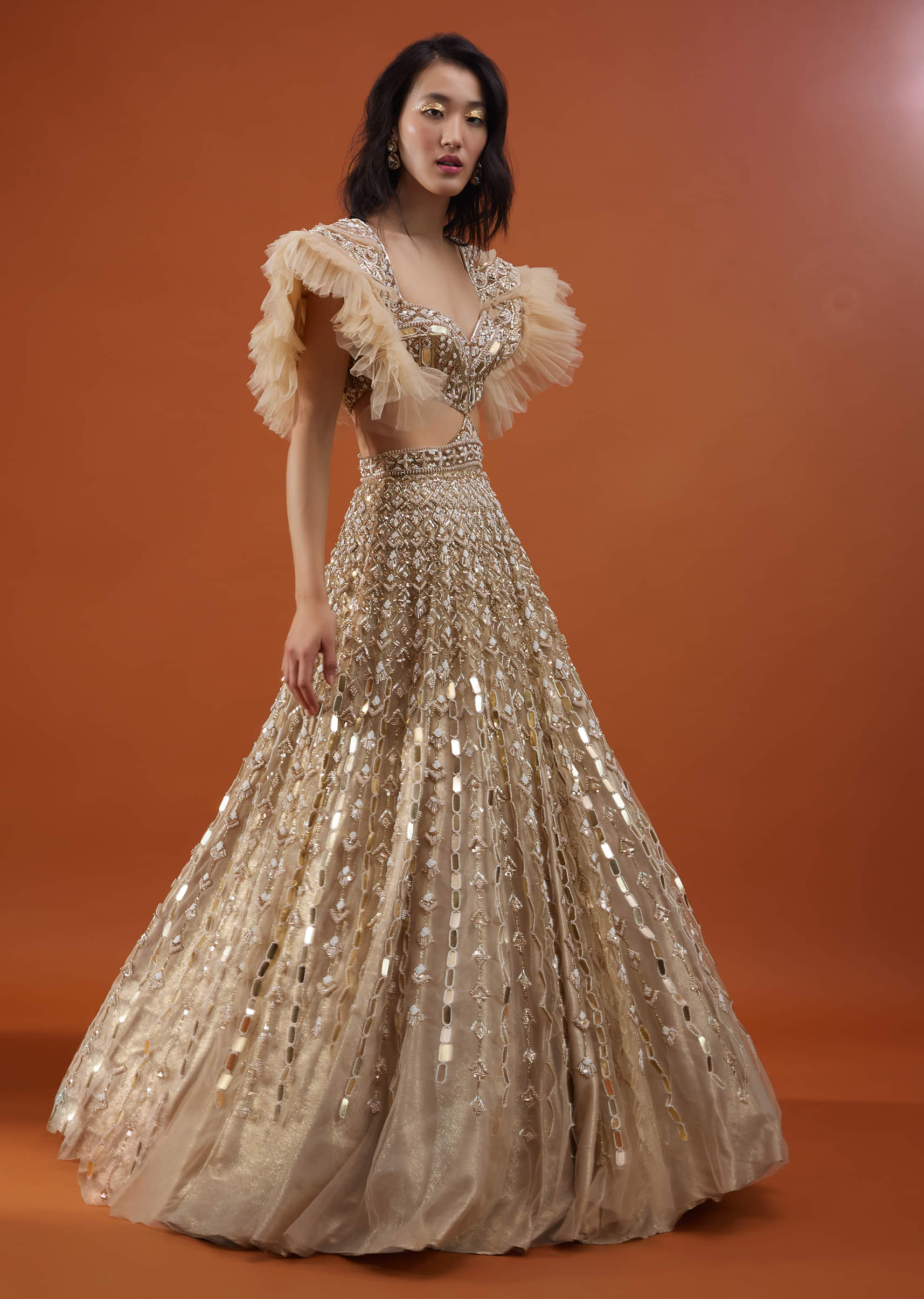 Buy Champagne Gold Angelic Net Gown With Mirror Work And