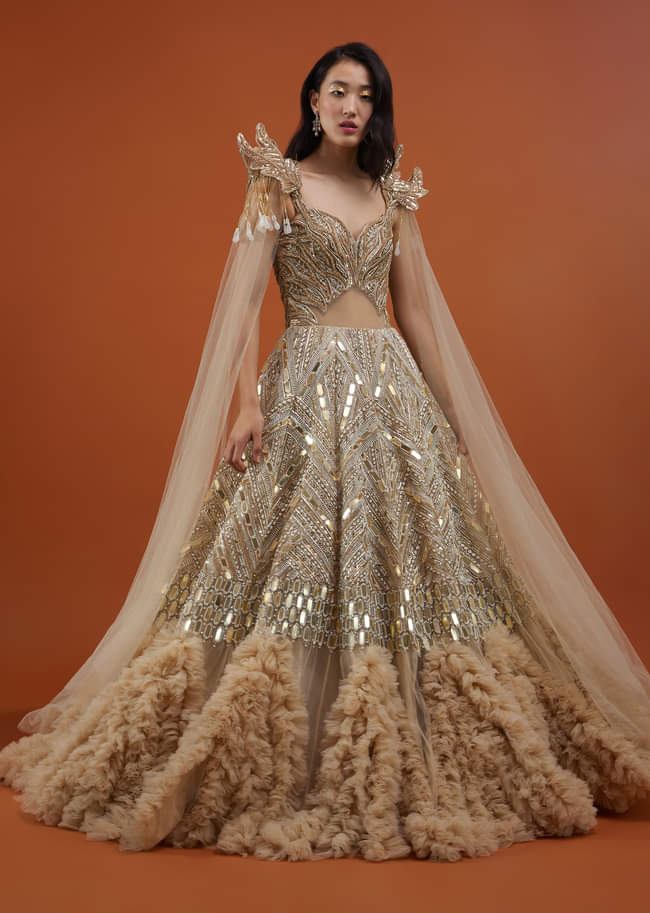 Champagne Gold Divine Gown In Net With Ruffle Frill Adornment - NOOR 2022