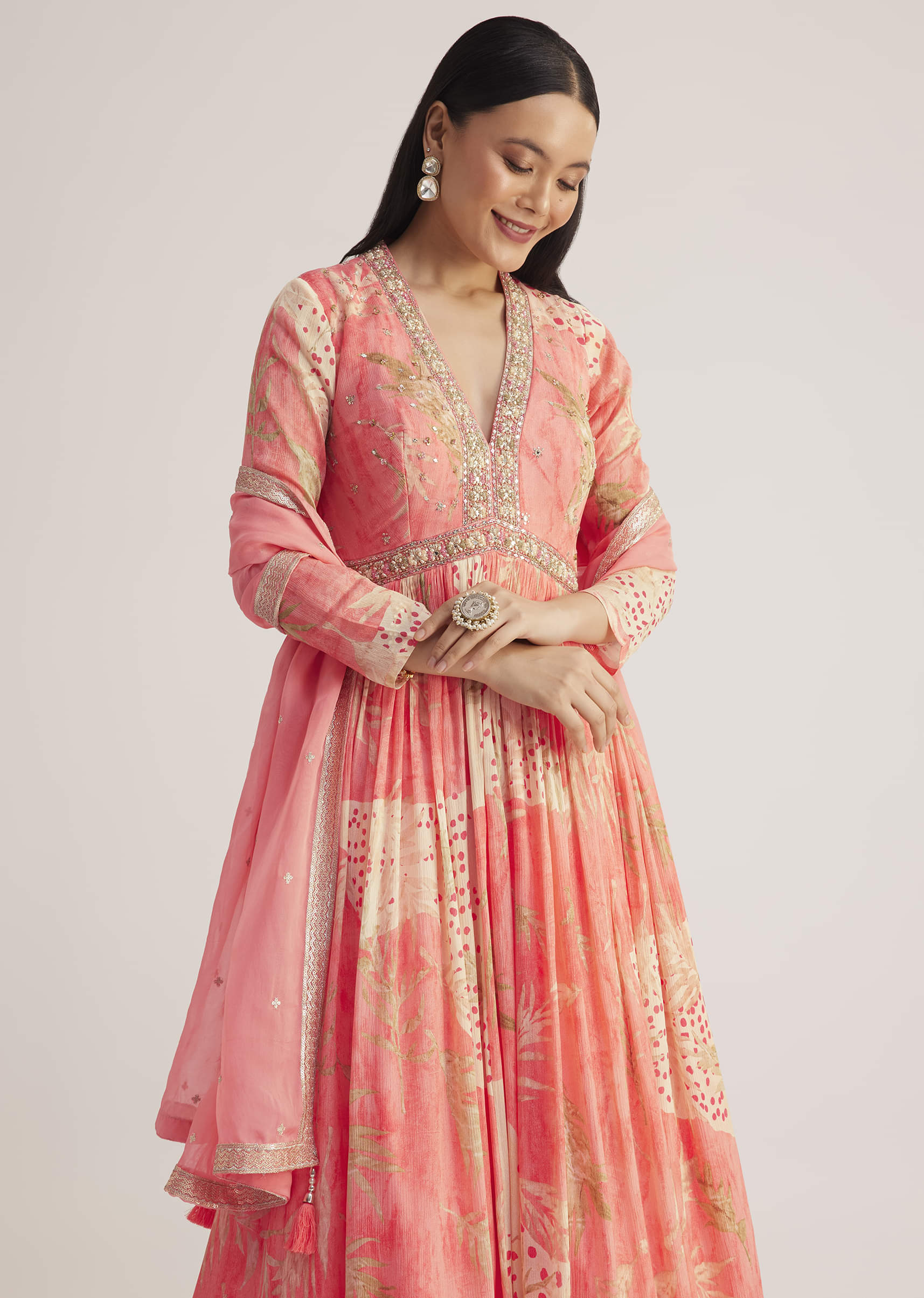 Coral Pink Printed Anarkali With Organza Dupatta