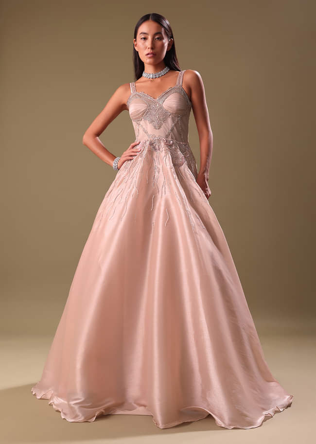 Dust Pink Hand Embroidered Organza Gown