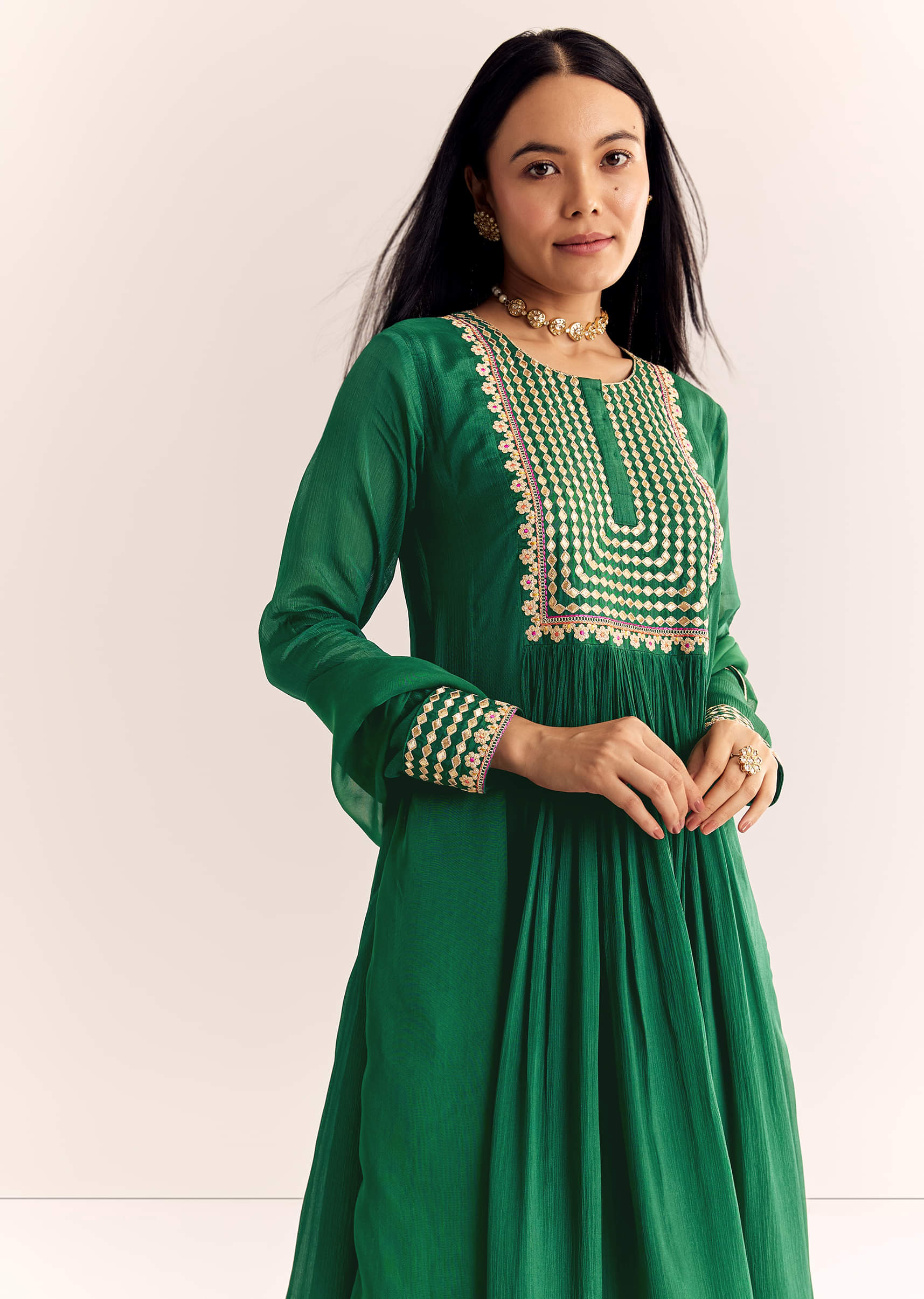 Green Zari Neckline Chinon Anarkali Suit With Dupatta