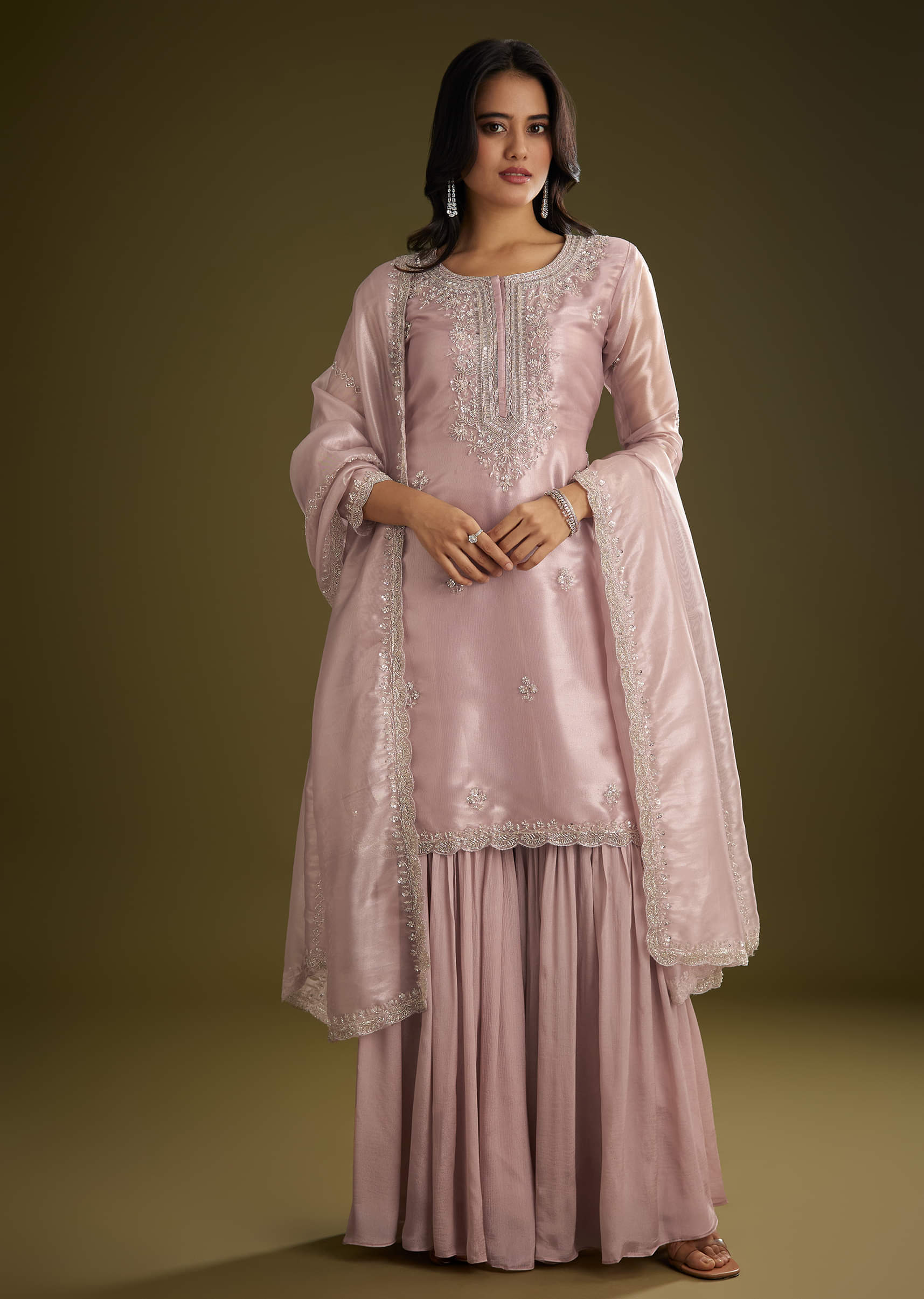 Lavender Tissue Cut Dana Beads Kurta Set With Embroidered Dupatta
