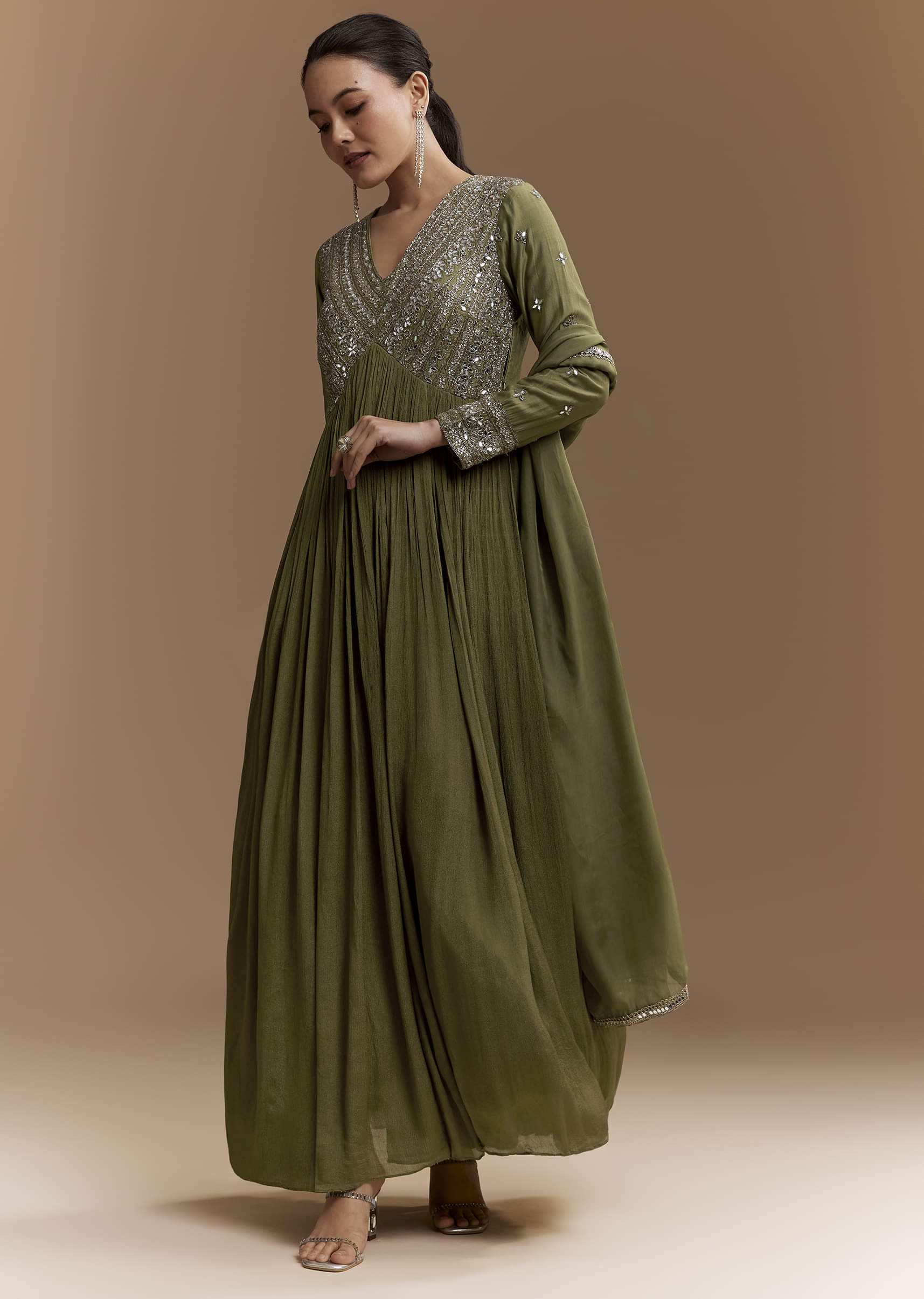 Mehendi Green Mirror Work Anarkali with Dupatta
