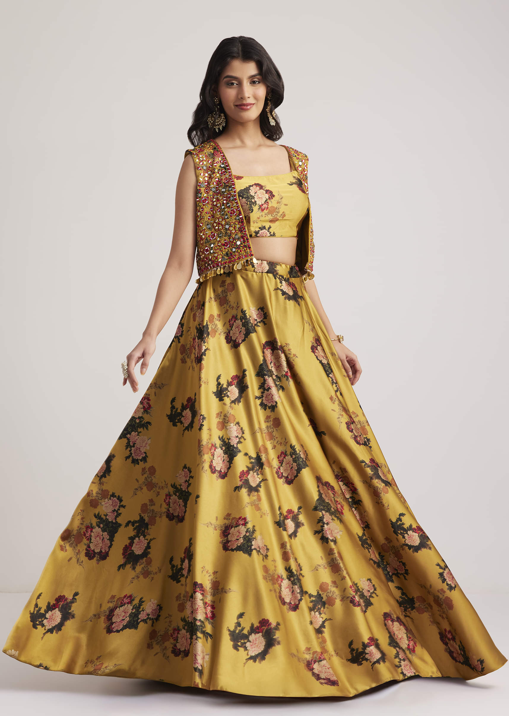 Shop Mustard Silk Floral Skirt Set With Jacket & Mirror Work