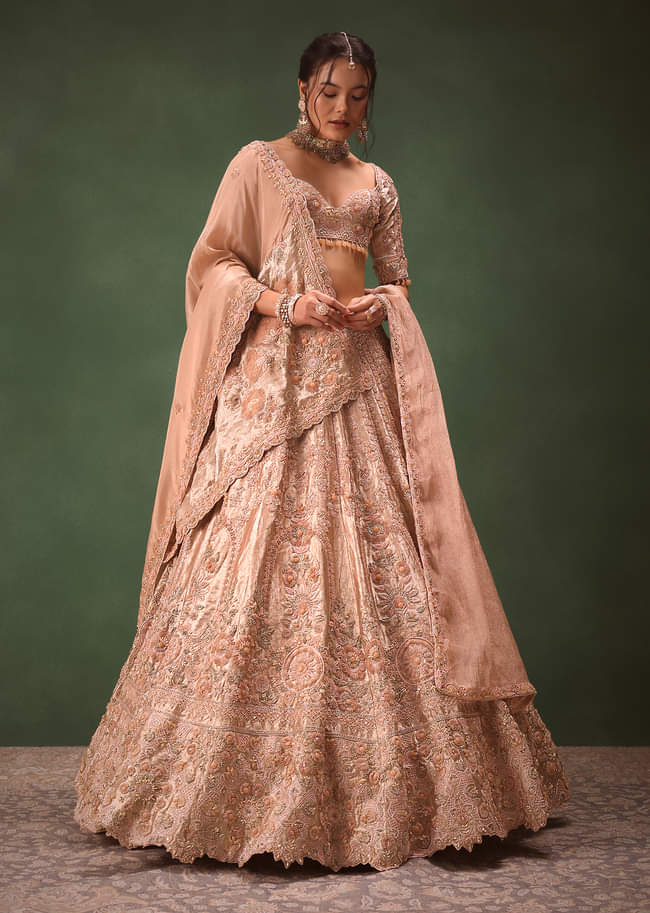 Peach Chanderi Silk Hand Work Lehenga Set With Dupatta