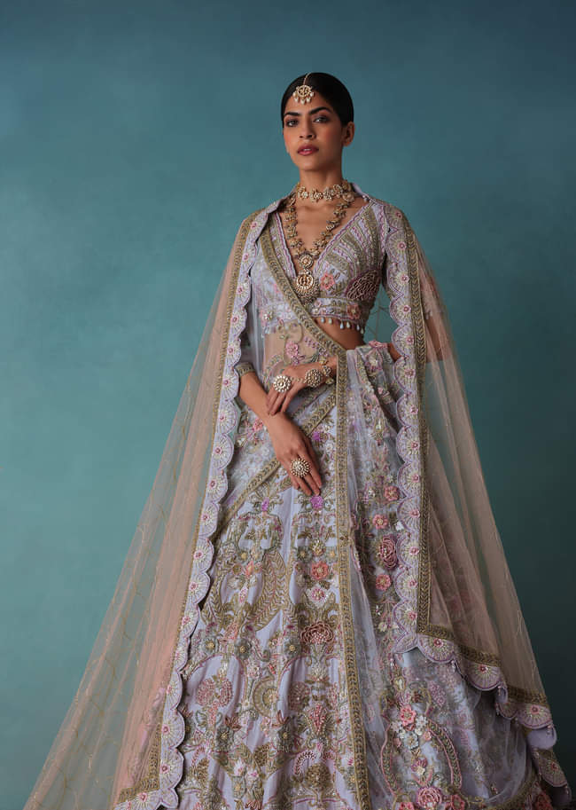 Periwinkle Blue Heavy Raw Silk Bridal Lehenga Set With Hand Work