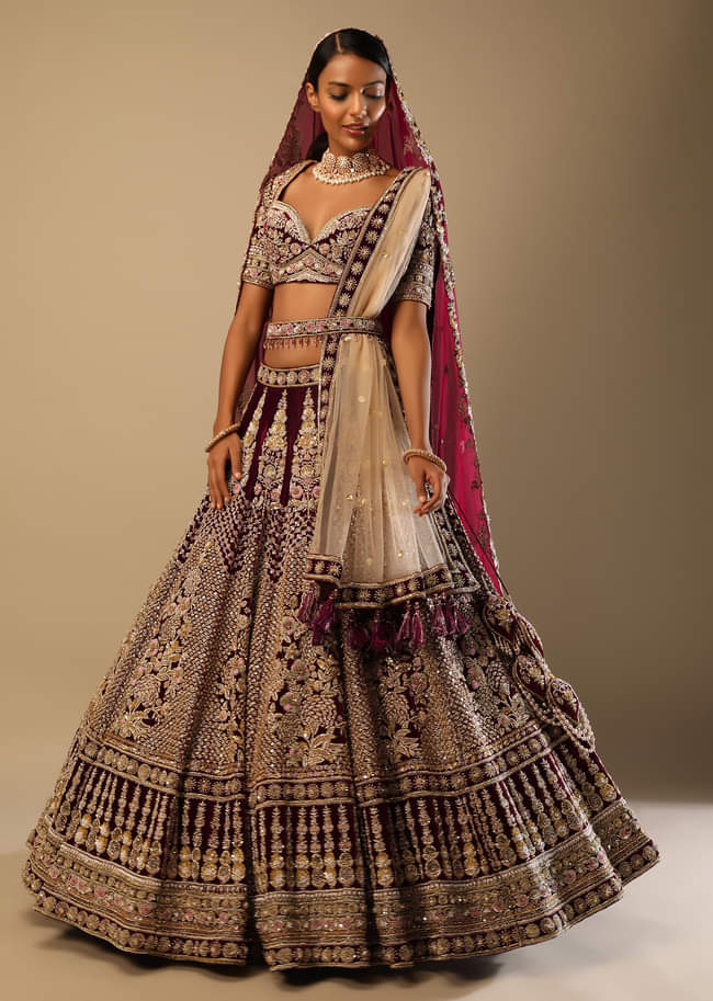 Persian Red Lehenga Choli In Velvet With Mughal Jaali And Floral Hand Embroidered Kali 