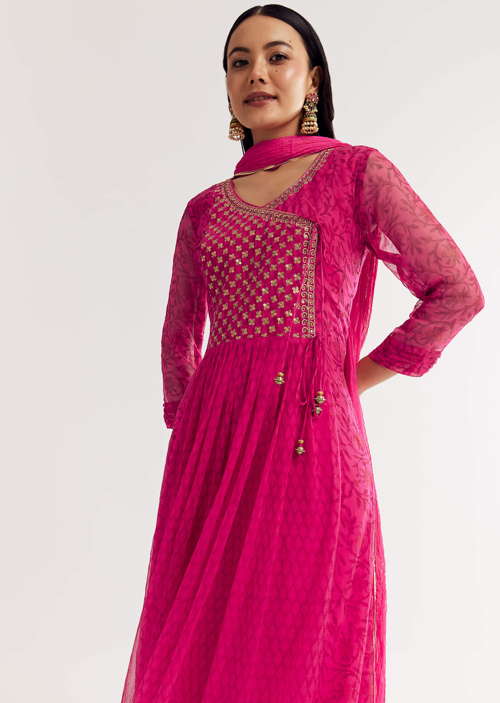 Pink Floral Chiffon Anarkali Kurta Set With Dupatta