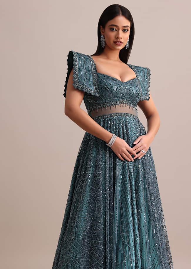 Poseidon Teal Circular Flared Gown With Fancy Sleeves