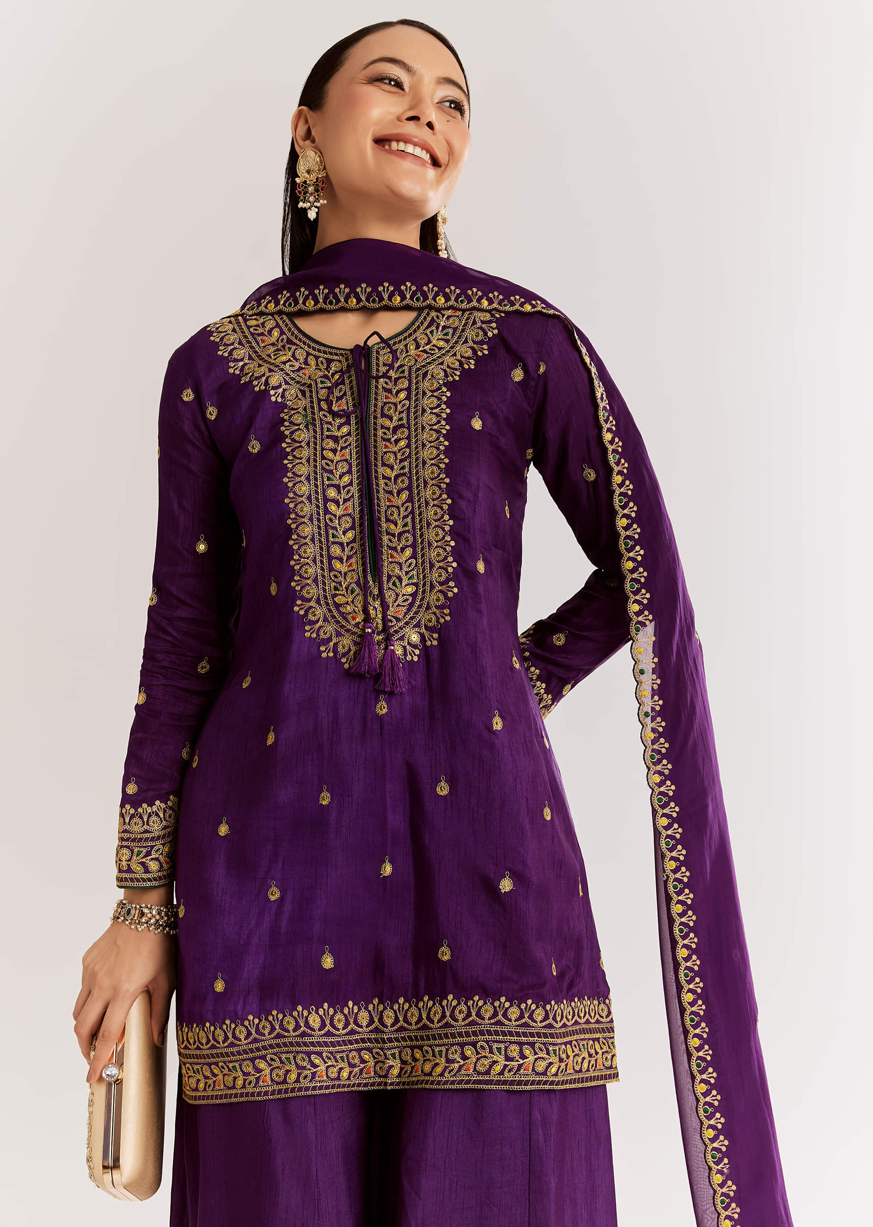 Purple Silk Kurta Set With Zari Butti And Border Work