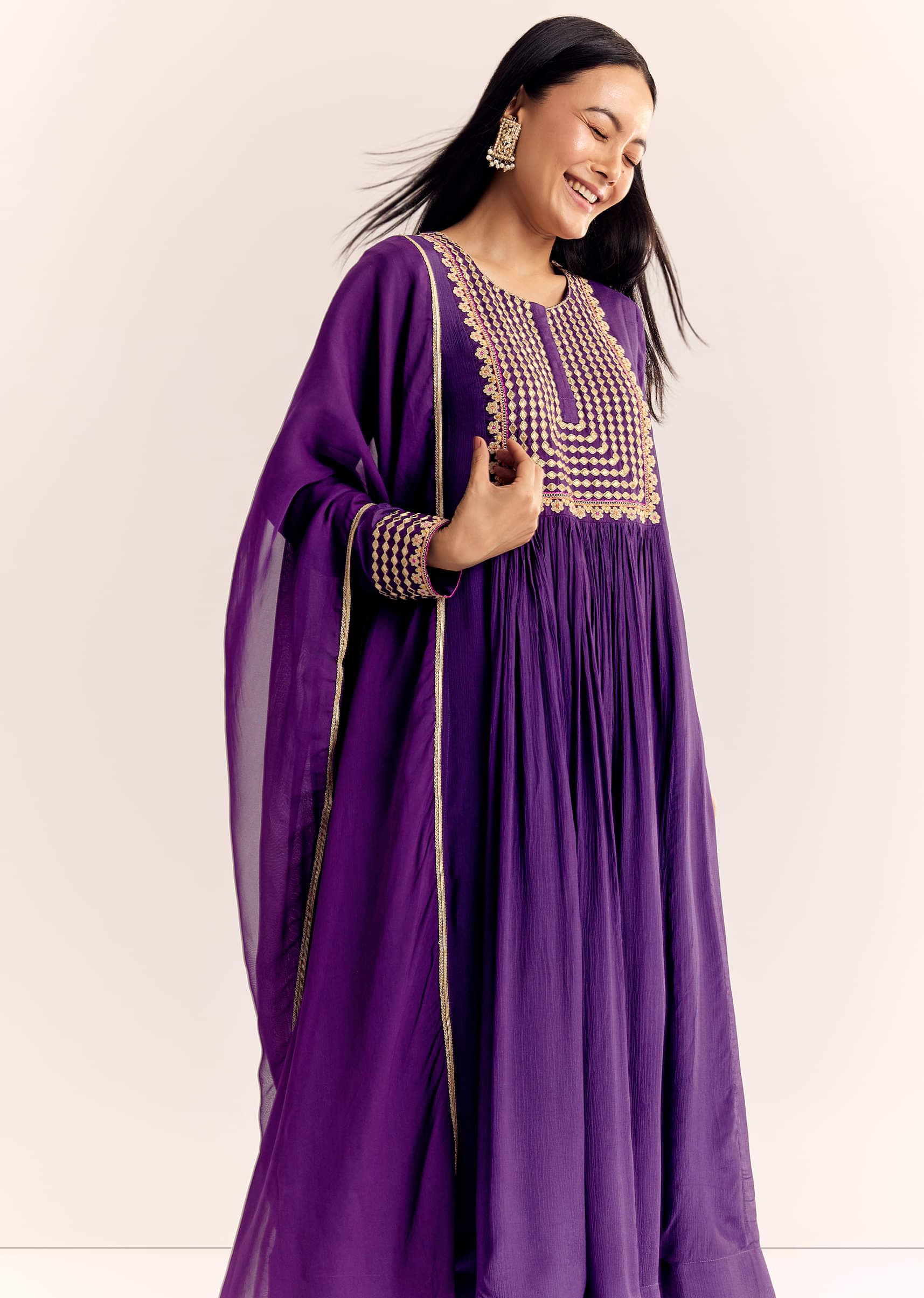 Purple Zari Neckline Chinon Anarkali Suit With Organza Dupatta