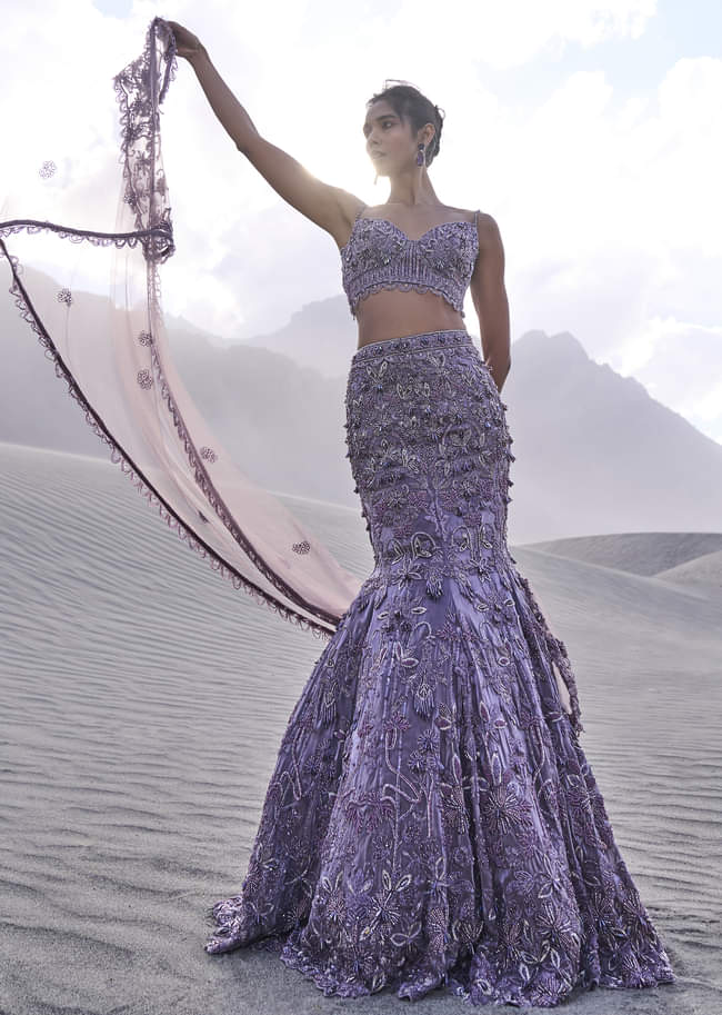 Purple Embroidered Fancy Organza Fishcut Lehenga With Blouse And Dupatta