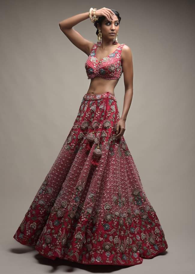 Crimson Red Lehenga Choli In Raw Silk With Resham And Cut Dana Embroidered Geometric And Summer Blossoms 
