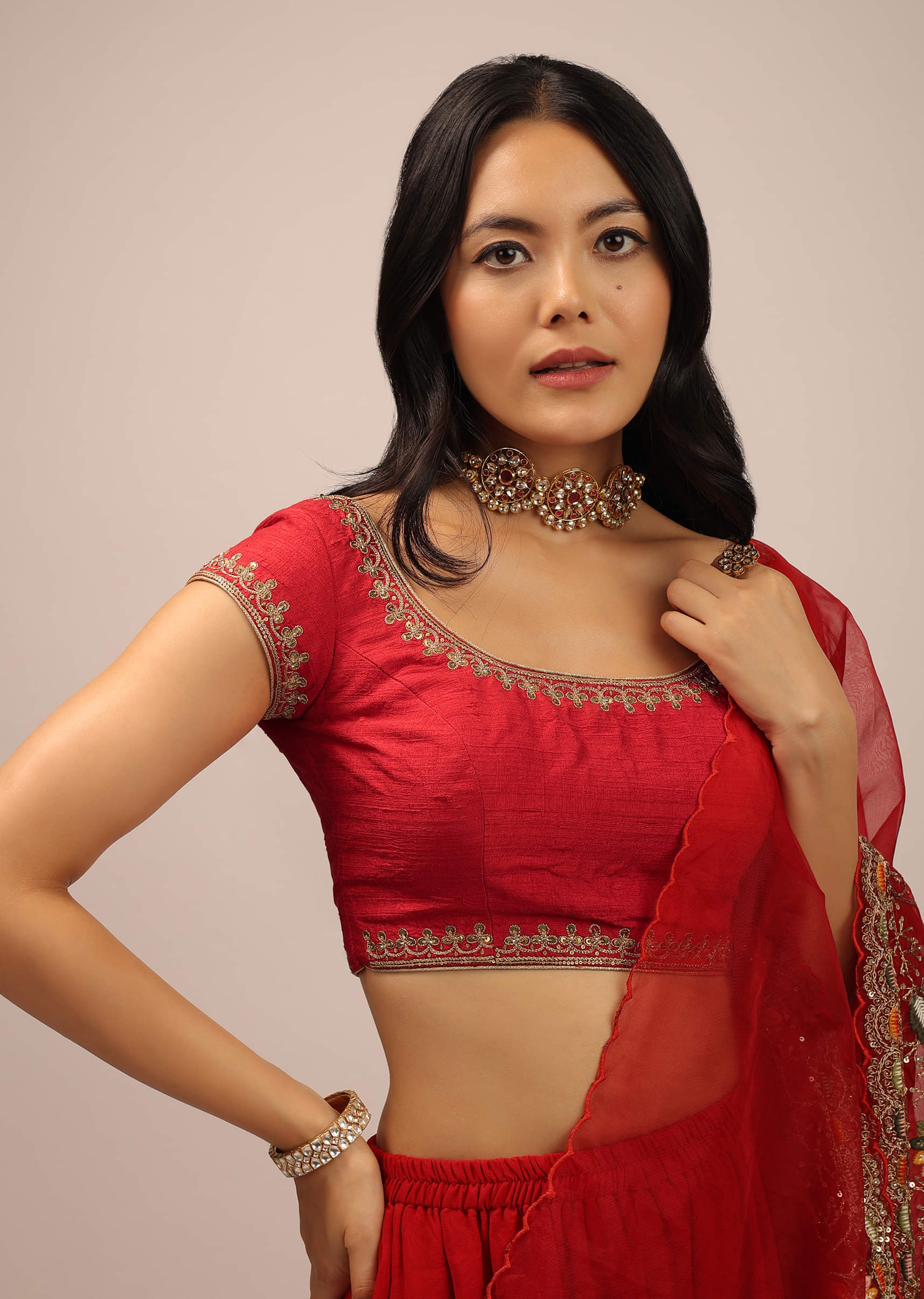 Buy Red Blouse In Raw Silk With Cap Sleeves, Round Neckline