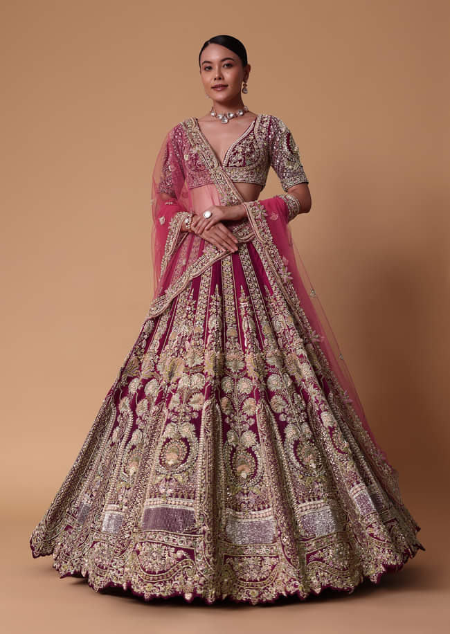  Red Velvet Raw Silk 16 Kali Zardosi Lehenga With Pearl Blouse Set