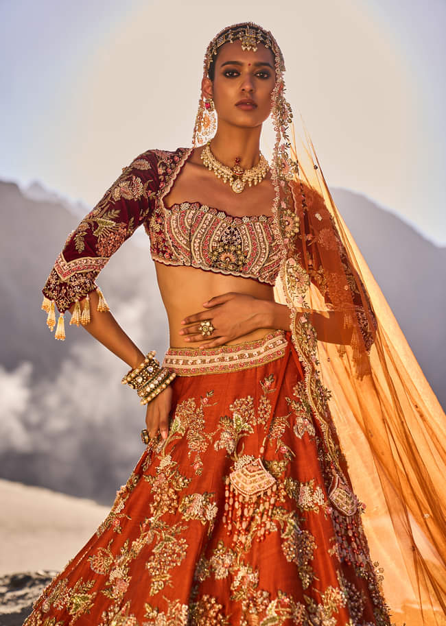 Rust Orange Embroidered Lehenga Set With Two Bordered Dupattas