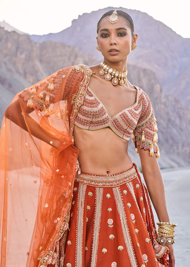 Rust Orange Lehenga With Heavy Embroidered Two Dupattas