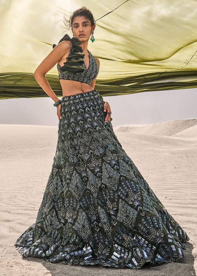 Dark Olive Green 3D Embroidered Lehenga Set With One Side Ruffle Trail