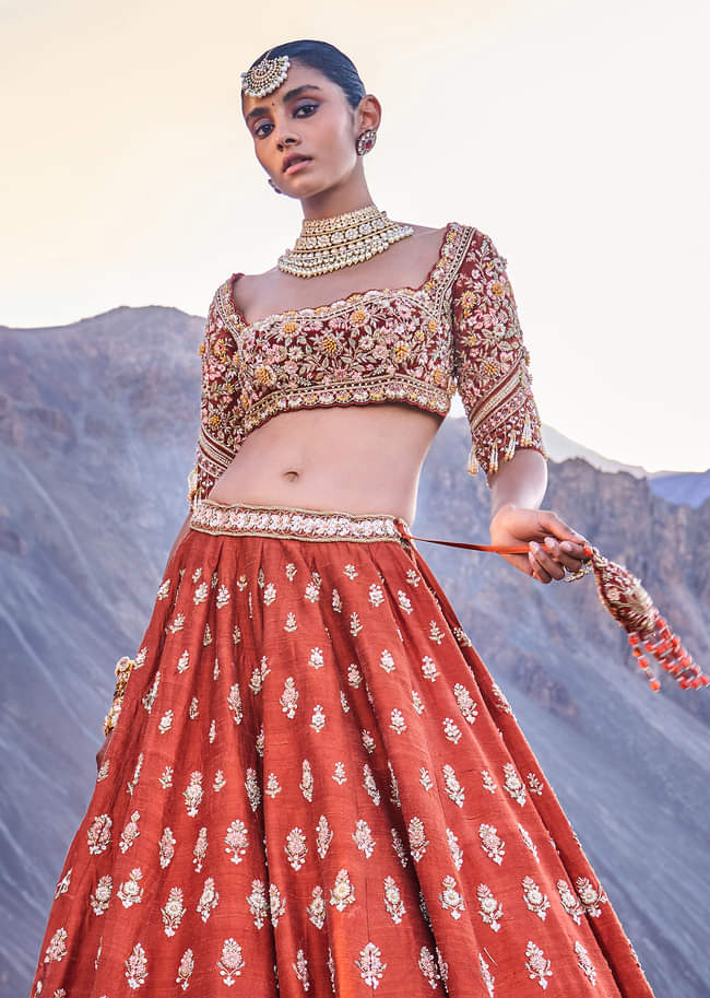 Burnt Orange Embroidered Silk Lehenga With Two Dupattas