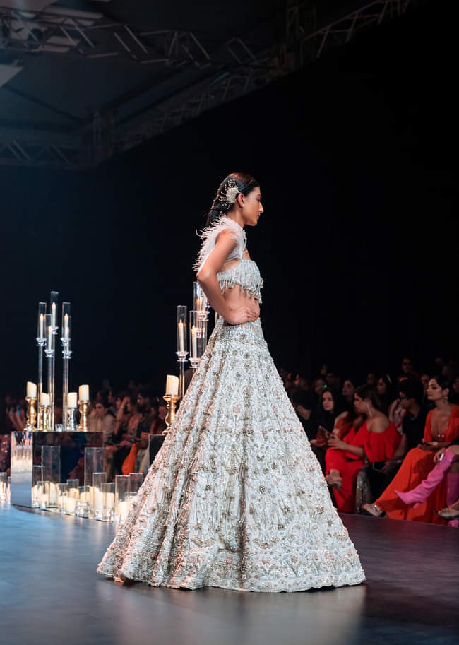 White Feather Blouse And Bridal Lehenga Set In Art Silk