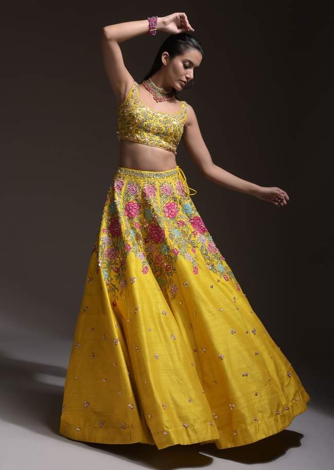 Yellow Lehenga Choli In Raw Silk With Resham, Cut Dana And Sequins Embroidered Summertime Blossoms 