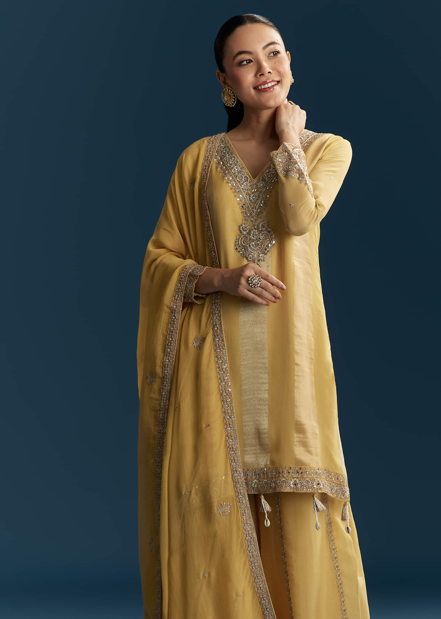 Yellow Organza Palazzo Suit With Zari And Mirror Embroidery