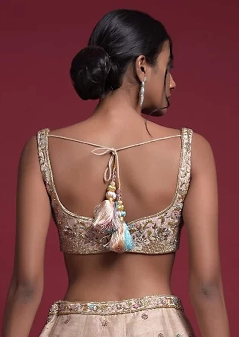  Gold Beige Blouse In Raw Silk With Sweetheart Neckline And Embroidered Floral And Checks Pattern