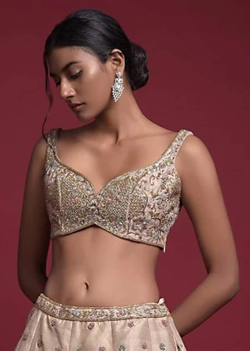  Gold Beige Blouse In Raw Silk With Sweetheart Neckline And Embroidered Floral And Checks Pattern