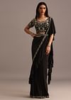 Blue Ready Pleated Saree With Embroidered Blouse
