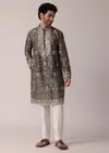 Yellow Floral Printed Silk Kurta Set For Men