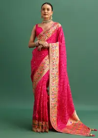 Purple Silk Woven Bandhani Saree With Paithani Border Pallu And Unstitched Blouse