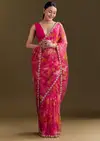 Yellow Organza Saree With Floral Print And Beaded Border