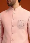 Sky Blue Linen Kurta Jacket Set With Resham Work