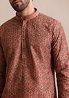 Grey Printed Silk Kurta Set For Men