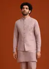 Sky Blue Linen Kurta Jacket Set With Resham Work
